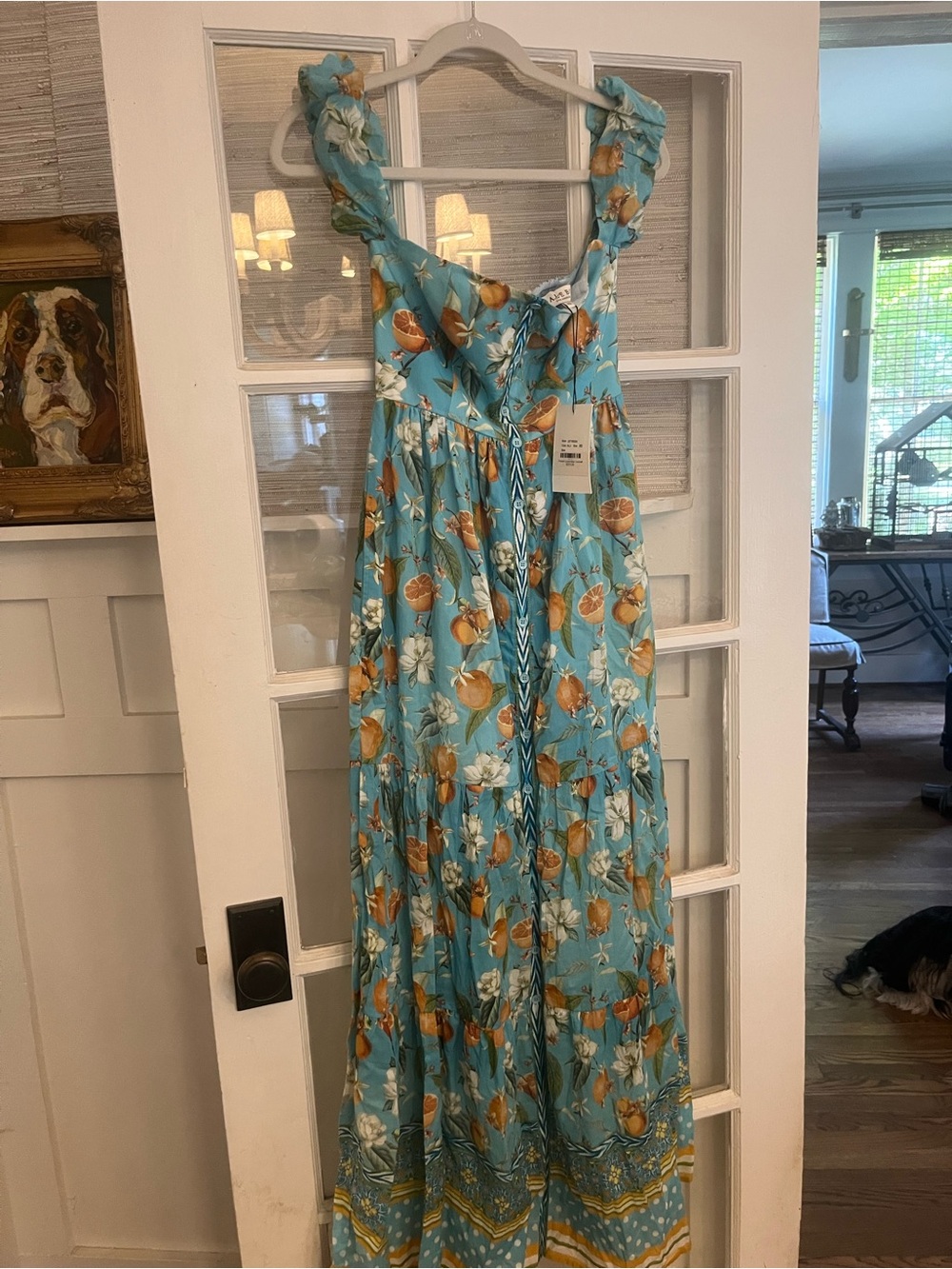Hale Bob Turquoise Floral Ruffle-Strap Maxi Dress with Orange Accents
